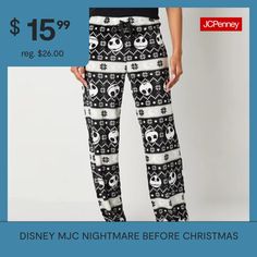 Fans of the beloved film Nightmare Before Christmas will love this pair of Disney Collection women's and junior's pajama pants featuring an all-over print of Jack Skellington. They're made from soft microfleece and have an elastic-drawstring waistband. Features: Adjustable WaistCharacter: Nightmare Before ChristmasClosure Type: Full Elastic, DrawstringApparel Length: 41 InchesFiber Content: 100% PolyesterFabric Description: MicrofleeceInseam: 31 InCare: Machine Wash, Tumble DryCountry of Origin… Nightmare Before Christmas Family Pajamas, Nightmare Before Christmas Pajamas, Matching Nightmare Before Christmas Pj Pants, The Nightmare Before Christmas Pants, Nightmare Before Christmas Pajama Pants, Womens Pajamas Pants, Nightmare Before, Drawstring Waistband, Pajamas Women