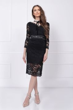 Imagine stepping into a black tie event, the anticipation of an elegant evening filling the air. As you make your grand entrance, all eyes are on you, dressed in the epitome of class and sophistication. Our black lace midi dress is designed to make a statement, featuring a tie bow neckline that adds a touch of allure. The 3/4 lace sleeves provide a delicate and feminine touch, while the pencil silhouette effortlessly hugs your curves, accentuating your figure with grace. Not only does this dress Black Midi Dress Formal, Elegant Dinner Dress, Tight Lace Dress, Dress Black Long Sleeve, Black Lace Midi Dress, Pencil Silhouette, Cocktail Dress Black, Lace Cocktail Dress, Tie Bow