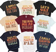 Our Funny Family Thanksgiving Shirts 2024 come in a variety of phrases so every one in your family or friends group can choose their own. Great for your thanksgiving group photos, too ● Parents' shirts are Bella and Canvas brand t-shirt ● UNISEX adult sizing ● Toddler and Youth shirts available ● Props used in photos are NOT included with purchase HOW TO ORDER: 1. Select your first size and color, then click "ADD TO CART" 2. Return to the listing. 3. Repeat for all the shirts you want. 4. Complete checkout 5. Check your shipping address to make sure it's correct! PLEASE MAKE SURE YOU CHOOSE SIZES CAREFULLY AND LOOK AT THE SIZE CHARTS as all sales are final. SIZE: ● Take a look at the photos to see a specific size chart for this T-Shirt and bodysuit style ● PLEASE NOTE: these t-shirts are u Classroom Thanksgiving Shirts, Custom Text T-shirt For Family Gatherings, Funny Graphic Print T-shirt For Family Reunion, Funny Graphic T-shirt For Family Reunion, Funny T-shirt With Text For Family Reunion, Funny Text T-shirt For Family Reunion, Funny Cotton T-shirt For Family Reunion, Funny Tops With Text For Family Reunion, Funny Graphic Print Tops For Family Reunion