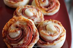 several different types of food are shown in this collage, including ham and cheese rolls