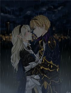 two people are standing in the rain with their arms around each other as they kiss