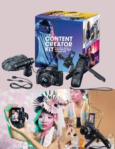 the contents of a camera and its accessories are shown in three different pictures, including an image of a woman holding a camera