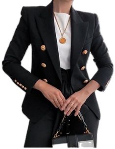 Luxury Black Double-breasted Blazer, Black Office Blazer With Buttons, Elegant Black Winter Blazer, Luxury Black Blazer For Work, Black Luxury Blazer For Office, Elegant Double-breasted Black Blazer, Elegant Black Double-breasted Blazer, Fitted Black Blazer With Button Closure, Luxury Black Office Blazer