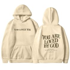 two sweatshirts with the words you are loved by god written on them in black and white