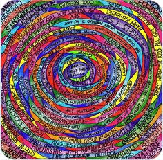 a colorful spiral with many words in different languages on the bottom, and an image of a