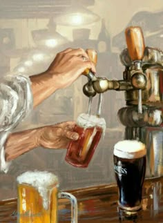 a painting of a person pouring beer from a tapper into a glass at a bar