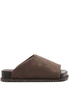 chocolate brown faux suede open toe single toe strap slip-on style branded insole ridged sole Suede Slides, Balenciaga Track, Platform Clogs, Office Bag, Fine Jewelry Bracelets, Custom Watch, Summer Beach Wear, Leather Mules, Derby Shoes