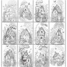 the twelve houses are drawn in black and white, each with different designs on them