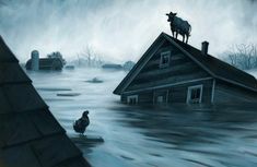 a bird standing on top of a roof next to a house in flood waters with two cows