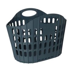 a black plastic basket with holes in it