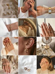 a collage of photos showing different types of rings and bracelets, with one woman's hand on the other