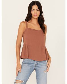 Cleo + Wolf Women's Cropped Strappy Peplum Top, Coffee Flowy Viscose Top For Day Out, Flowy Rayon Top For Spring, Flowy Rayon Summer Tops, Trendy Summer Rayon Tops, Trendy Rayon Summer Tops, Trendy Rayon Tops For Summer, Flowy Cotton Tops For Spring, Spring Rayon Tops With Relaxed Fit, Casual Sleeveless Viscose Top