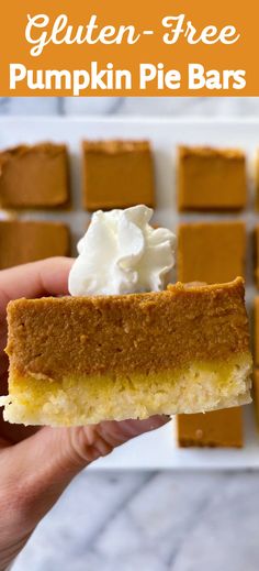 a slice of gluten - free pumpkin pie bars with whipped cream on top