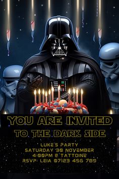 darth vader birthday party with star wars characters and candles in the dark sky