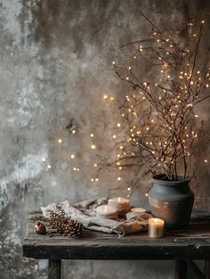 a table topped with a potted plant next to a candle and some cookies on top of it