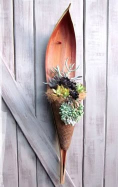 a wooden boat with succulents and plants on it's side hanging from the wall