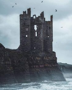 an old castle sitting on top of a rocky cliff next to the ocean with seagulls flying around