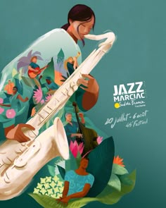 an illustration of a woman holding a white guitar in front of a green background with the words jazz magic written on it