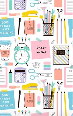 an image of a wallpaper with office supplies and words that say, start doing