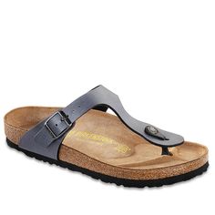 Birkenstock Gizeh Thong Comfort Sandal You can't ask for a more comfortable choice in a thong sandal. The footbed features a deep heel cup for balance and support, built-in arch support, and a toe bar for the natural gripping motion of your toes. The Gizeh offers the familiar feel of a flip-flop, but with the security and support to keep the foot in a natural, healthy walking position.  Good to Know Healthy Walking, Work Sandals, Onyx Color, Birkenstock Sandals Arizona, Yellow Sandals, Pink Sandals, Leather Socks, Blue Sandals, Birkenstock Shoes