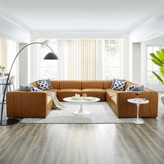 a living room filled with furniture and a large plant in the middle of the room