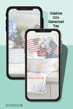 two cell phones with patriotic decorations on them and the text, outlining co's galvaniized trays