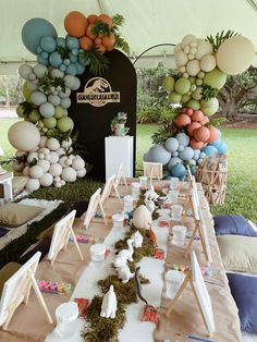 an outdoor party with balloons and decorations on the table, along with tables set up for people to sit at