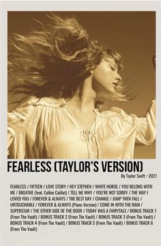 an advertisement for fearless taylor's version, featuring a woman with her hair blowing in the wind