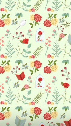 a green background with red and yellow flowers, books, and other things on it