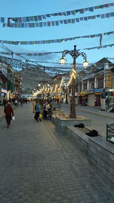 people are walking down the street in front of shops and buildings with lights strung over them