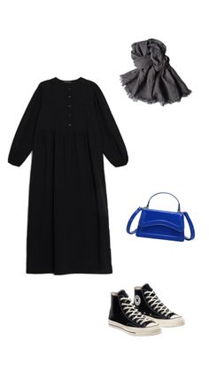 black long dress, black converse chuck 70, gray hijab, sax blue bag, hijabi outfit Converse Outfit Hijab, Black Converse Chuck 70, Hijabi Summer Outfits, Grey Hijab, Converse Outfit, Black Long Dress, Long Dress Black, Hijabi Outfit, Black Converse