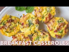 breakfast casseroles on a plate with spinach leaves