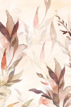 watercolor painting of leaves and branches on a beige background with pink, green, orange, and red colors