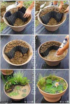 the steps to make a pond in a potted planter are shown with instructions