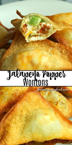 some food is on a white plate with the words jalapeno popper wonton's