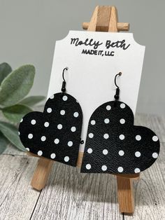 polka dot heart earrings - black and white polka dots - black and white polka dot earrings - polka dot faux leather - black and white polka dot faux leather - polka dot lovers - polka dot jewelry Trendy Black Heart-shaped Earrings, Trendy Black Heart Earrings For Gift, Cute Black Earrings For Valentine's Day, Black Heart-shaped Earrings With Hooks, Black Heart Earrings With Ear Wire, Heart-shaped Black Earrings, Handmade Black Heart Earrings, Cute Black Everyday Jewelry, Cute Everyday Black Jewelry