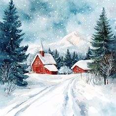 a painting of a snow covered road leading to two red houses