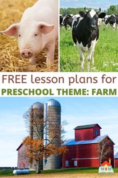 three pictures with farm animals and text that reads free lesson plans for preschool theme farm