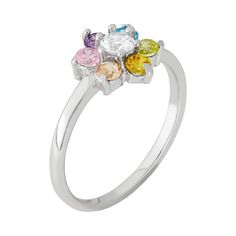 Colorful cubic zirconia stones give this Junior Jewels flower ring sparkling beauty your little one is sure to love.RING DETAILS Width: 8.25 mm Size: 3 Metal: sterling silver CUBIC ZIRCONIA DETAILS Cut: round Color: white, blue, purple, pink, peach, yellow, green Setting: prong  Size: One Size. Color: Multicolor. Gender: female. Age Group: adult. Cubic Zirconia Flower Promise Ring, Flower Shaped Promise Ring With Birthstone, Flower-shaped Cubic Zirconia Ring With Prong Setting, Flower-shaped Multi-stone Ring For Anniversary, Cubic Zirconia Birthstone Cluster Ring For Promise, Cubic Zirconia Flower Promise Ring With Center Stone, Cubic Zirconia Flower Ring With Center Stone For Promise, Promise Ring With Center Stone Cubic Zirconia, Flower Birthstone Ring