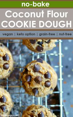 no - bake coconut flour cookie dough on a cooling rack with text overlay