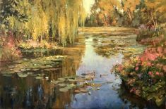 an oil painting of water lilies and trees