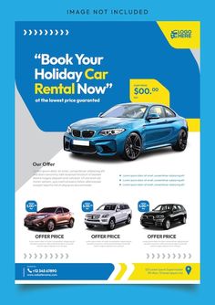 a car rental flyer with three different cars on the front and one in the back