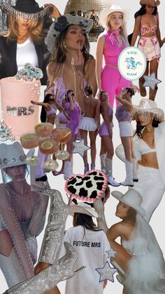 a collage of women dressed in different outfits and hats, all with cake on them