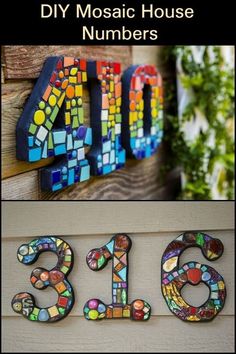 mosaic house numbers are displayed on the side of a building and in front of a sign that reads, diy mosaic house numbers