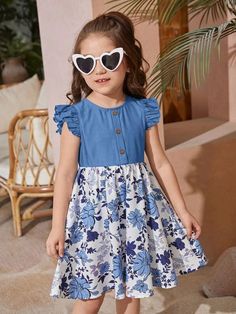 Azul Bohemio Collar Manga capa Tela tricotada Floral A línea Embellished No-Elástico Cute Blue Dresses With Button Closure, Cute Blue Dress With Button Closure, Cute Blue Dresses With Buttons, Cute Blue Dress With Buttons, Cute Beach Dresses With Buttons, Cute Buttoned Beach Dresses