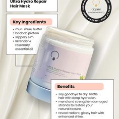 Say goodbye to damaged hair and hello to healthy locks with the Ultra Hydro Repair Hair Mask. This weekly treatment provides your hair with the ultimate repair, leaving it rejuvenated, smooth, and strong. Key ingredients include murumuru butter for irresistibly soft hair, avocado oil for shine and scalp health, baobab protein to strengthen and fortify, rosemary to stimulate growth, and slippery elm to detangles without damaging your tresses. Pair it with The Condish for even better results. 8 oz Repair Hair Mask, Hair Repair Mask, Repair Hair, Slippery Elm, Glossy Hair, Scalp Health, Deep Conditioning, Brittle Hair, Essential Oils Rosemary