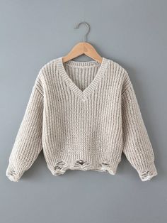 Teen Girl Drop Shoulder Distressed Hem Sweater White Casual  Long Sleeve Knitwear Plain Pullovers Slight Stretch  Teen Girls Clothing, size features are:Bust: ,Length: ,Sleeve Length: Ripped Sweater, Distressed Sweaters, Hem Sweater, Drop Shoulder Sweaters, Instagram Model, Model Beauty, Ribbed Knit Sweater, Loose Sweater