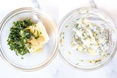 two clear bowls filled with different types of food