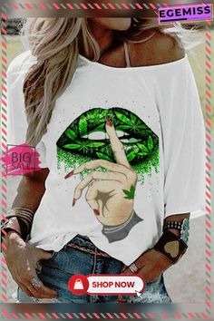 White Round Neck Casual T-shirt Trendy Green T-shirt With Sublimation Print, Green Graphic Tee With Funny Print, Green Funny Print Graphic Tee, Green Short Sleeve Top With Funny Print, Trendy Green Top With Funny Print, Casual Green Tops With Sublimation Print, Green Relaxed Fit Top With Funny Print, Flattering Outfits, Women Blouses