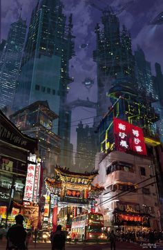 the city is lit up at night with neon lights and tall buildings in the background